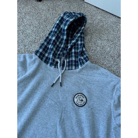 Quiksilver Mens Sweatshirt, size Large, Thermal Hooded Gray w/ Plaid hood - Picture 10 of 13